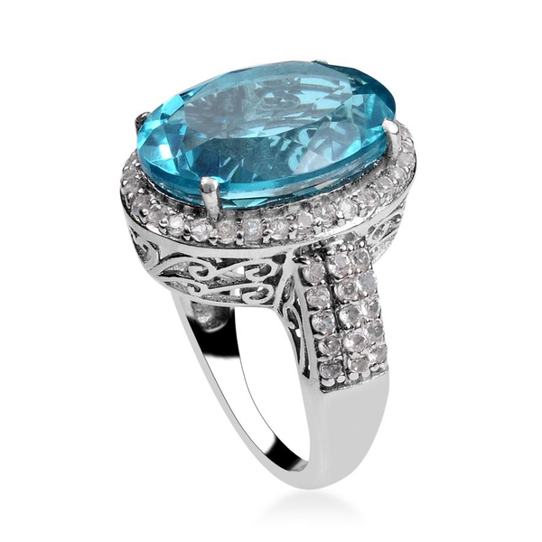 Capri Blue Quartz (Ovl 9.50 Ct), White Topaz Ring in Platinum Overlay Sterling Silver 10.750 Ct.