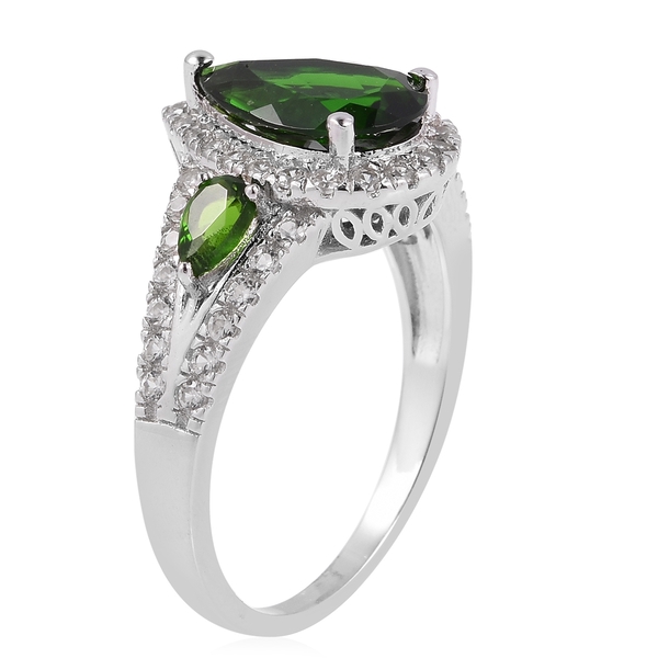 Collectors Edition- Chrome Diopside (Very Rare Size Pear 12x8 mm), Natural White Cambodian Zircon Ring in Rhodium Overlay Sterling Silver 4.500 Ct.