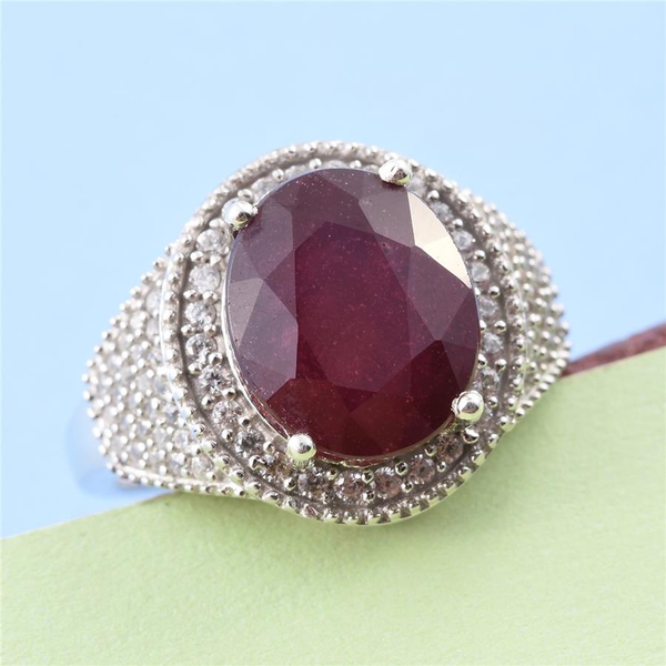 African Ruby (Ovl 6.25 Ct), Natural Cambodian Zircon Ring in Platinum Overlay Sterling Silver 7.000 Ct.