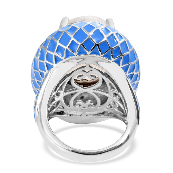 Sri Lankan Rainbow Moonstone (Ovl) Blue Colour Enameled Ring in Platinum Overlay Sterling Silver 18.000 Ct. Silver wt. 16.50 Gms.