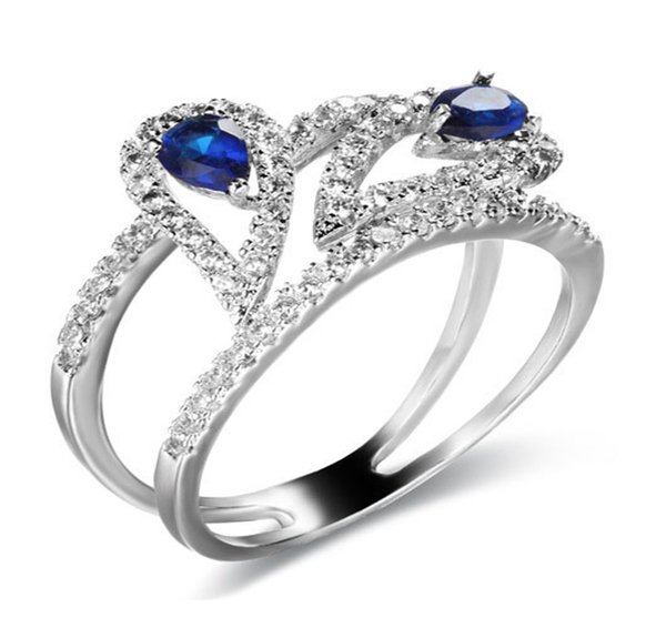 Kanchanaburi Blue Sapphire (Pear), Diamond Ring in Rhodium Plated Sterling Silver 1.250 Ct.