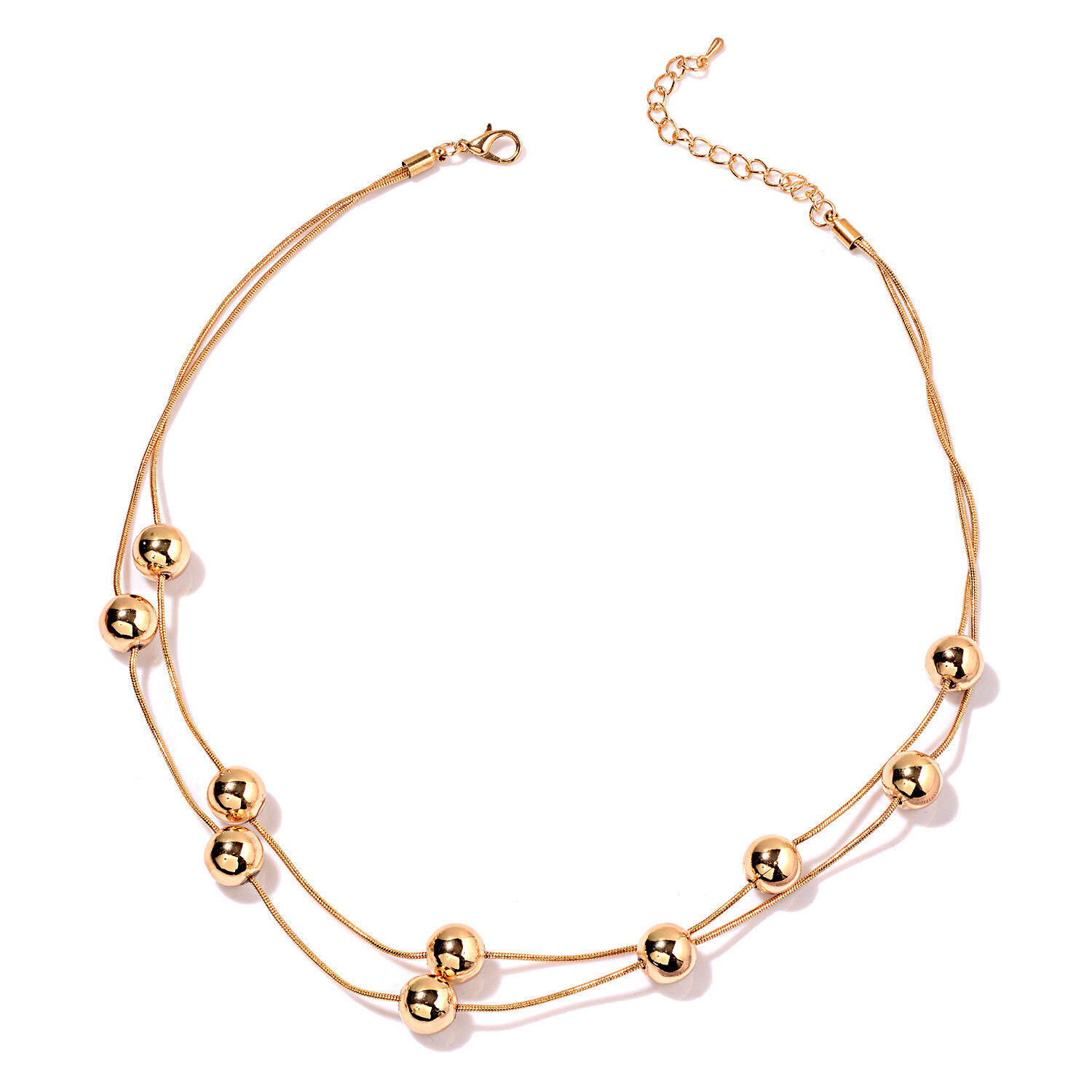 Two Strands Beads Station Necklace (Size 20) in Gold Tone