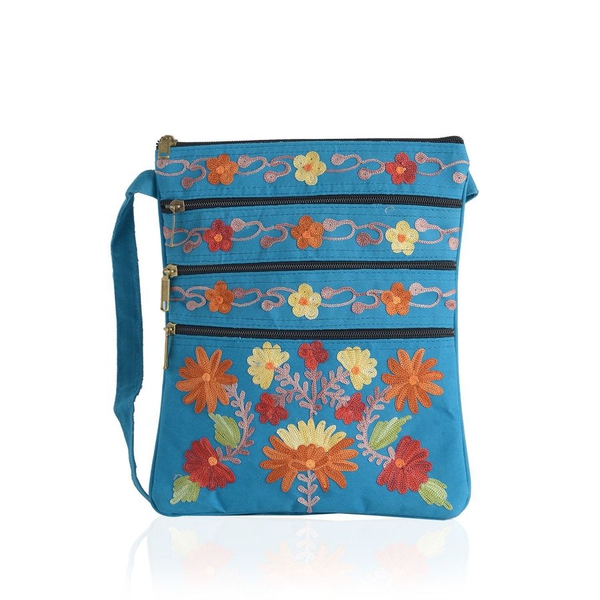 Blue and Multi Colour Flowers and Leaves Cashmere Hand Embroidered Bag with External Zipper Pocket a