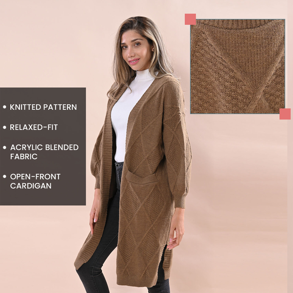 LA MAREY Chunky Cable Knitted Long Cardigan (Size 90x62 Cm) - Brown