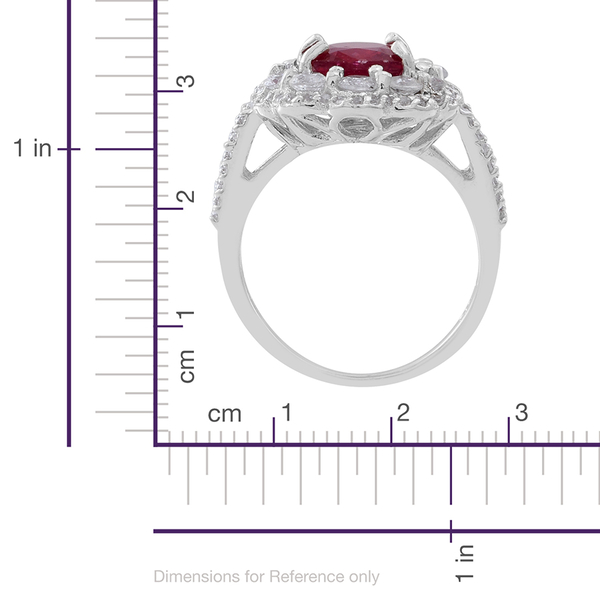 African Ruby (Cush 3.50 Ct), Natural Cambodian  Zircon Ring in Rhodium Plated Sterling Silver 5.000 Ct.No Of Zircons 86