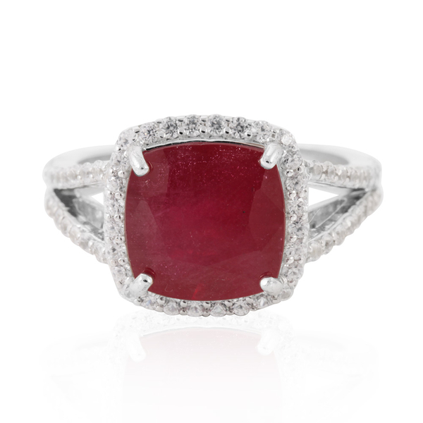African Ruby (Cush 8.50 Ct), Natural Cambodian White Zircon Ring in Rhodium Plated Sterling Silver 1