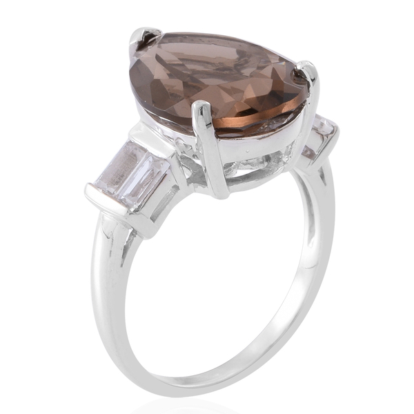Brazilian Smoky Quartz (Pear 9.85 Ct), White Topaz Ring in Rhodium Plated Sterling Silver 10.750 Ct. Silver wt 5.08 Gms.