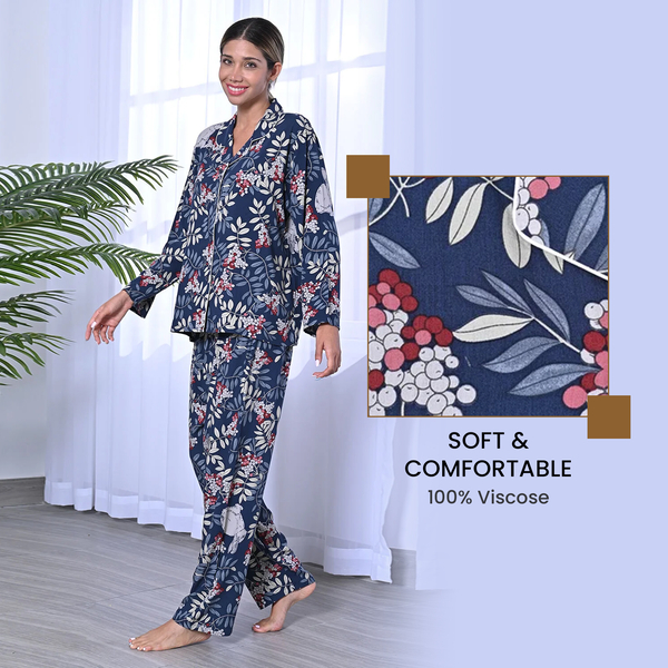 2 Piece Set - LA MAREY 100% Viscose Floral Pattern Sleepwear Includes Long Top and Pants (Size M/L,12-16) - Navy