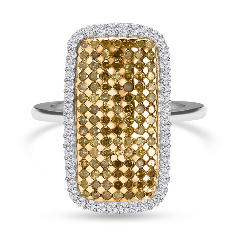 Yellow Diamond & White Diamond Cluster Ring in Platinum Overlay Sterling Silver 1.00 Ct.