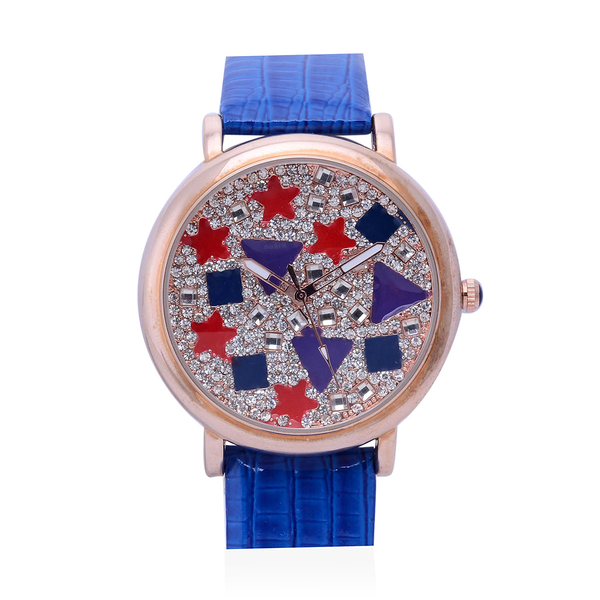 GENOA Japanese Movement Enameled Dial with White Austrian Crystal Water Resistant Watch in ION Plated Rose Gold with Blue Strap