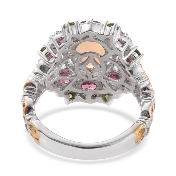 GP Ethopian Welo Opal (Ovl 1.30 Ct), Rhodolite Garnet, Chrome Diaopside, Natural Cambodian Zircon and Kanchanaburi Blue Sapphire Ring in Platinum and Yellow Gold Overlay Sterling Silver 3.500 Ct.