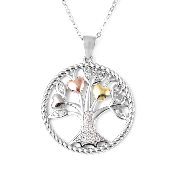 ELANZA Simulated Diamond Tree of Life Pendant with Chain in Three Tone Plated Silver