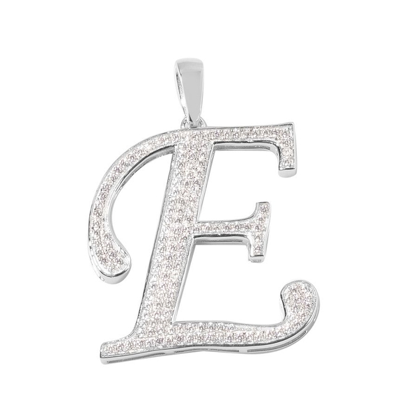 ELANZA AAA Simulated White Diamond E Initial Pendant in Platinum Overlay Sterling Silver
