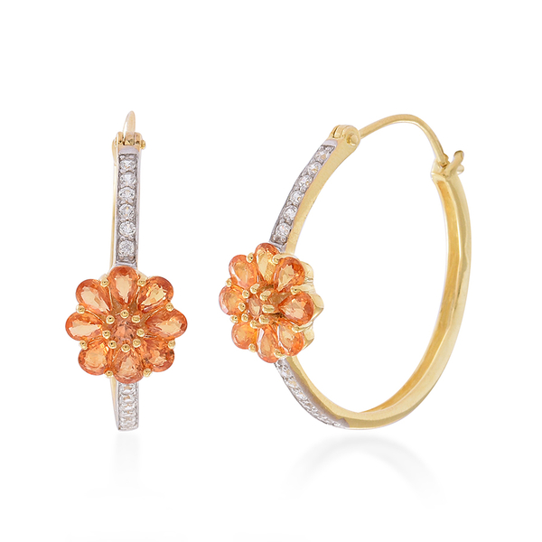 Yellow Sapphire (Pear), White Zircon Floral Hoop Earrings in 14K Gold Overlay Sterling Silver 4.750 