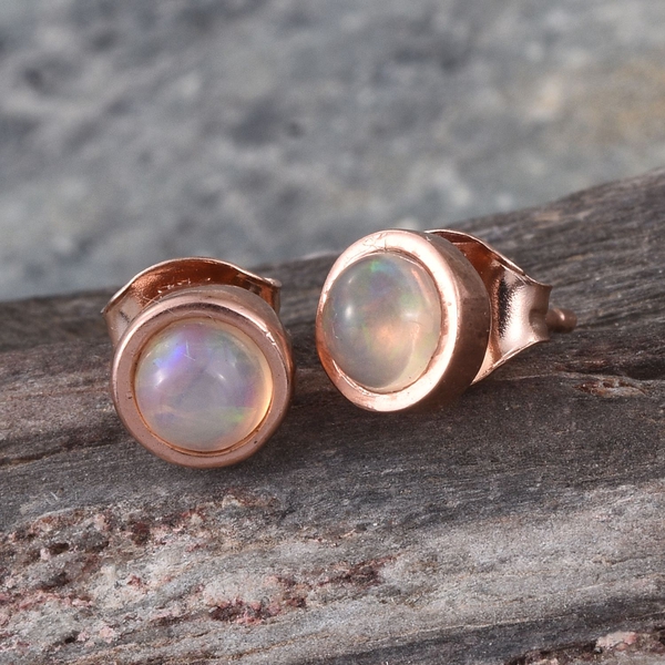 Ethiopian Welo Opal (Rnd) Stud Earrings (with Push Back) in Rose Gold Overlay Sterling Silver 0.500 Ct.