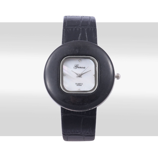 GENOA Japanese Movement Black Quartzite, White Austrian Crystal Studded Water Resistant Watch with Stainless Steel Back and Black Strap 25.000 Ct.