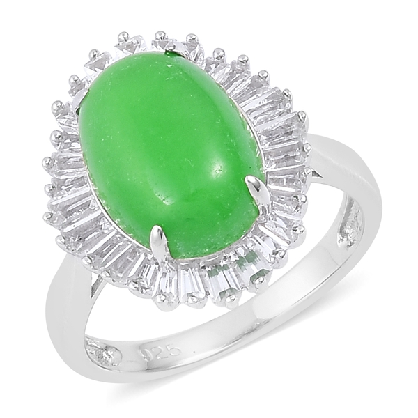 7.83 Ct Green Jade and White Topaz Halo Ring in Rhodium Plated Sterling Silver