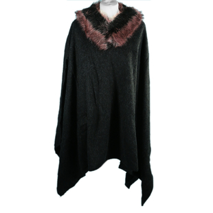 Dusty Pink Faux Fur Collar Poncho with Asymmetrical Hem in Black (One Size)