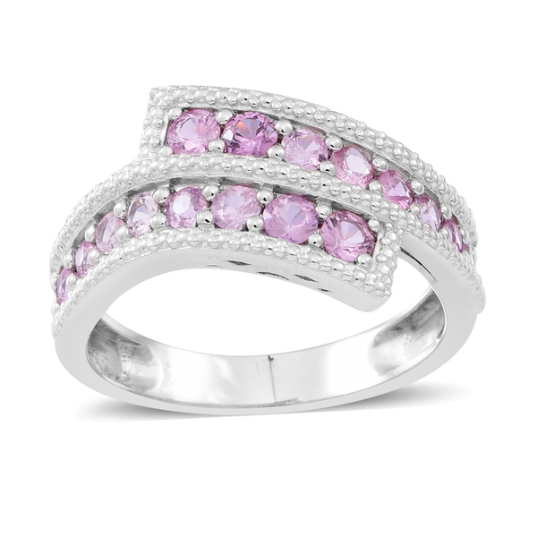Pink Sapphire (Rnd) Crossover Ring in Rhodium Plated Sterling Silver 1.750 Ct.