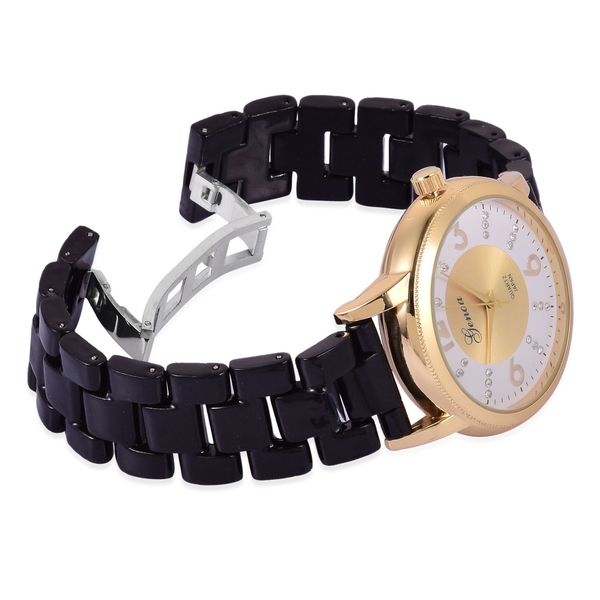 GENOA Japanese Movement White Austrian Crystal Studded White and Golden Dial Water Resistant Watch in Gold Tone with Stainless Steel Back and Black Ceramic Strap