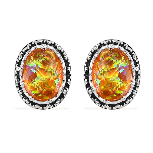 Sajen Silver Cultural Flair Collection - Quartz Doublet Simulated Opal Fire Earrings (with Push Back) in Rhodium Overlay Sterling Silver 2.60 Ct.