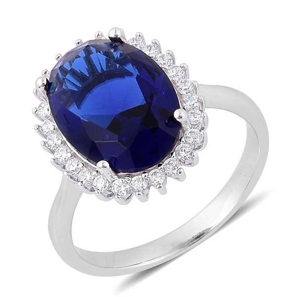 AAA Simulated Blue Sapphire and Simulated White Diamond Ring in Rhodium Plated Sterling Silver