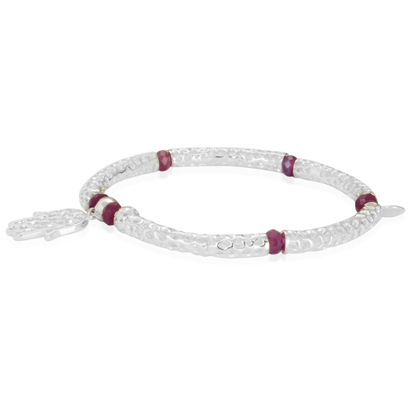 RACHEL GALLEY Sterling Silver Stranded Hand of Hamsa Bar Stretchable Bracelet with African Ruby Beads (Size 7.5) 6.450 Ct.