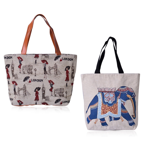 Set of 2 - Multi Colour Elephant Pattern and London Bridge, Girl Pattern Beige Colour Handbag (Size 