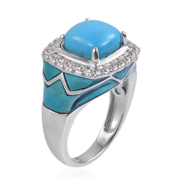GP Arizona Sleeping Beauty Turquoise (Cush 4.25 Ct), Natural White Cambodian Zircon and Madagascar Blue Sapphire Ring in Blue Enameled Rhodium Plated Sterling Silver 5.160 Ct. Silver wt 8.22 Gms.