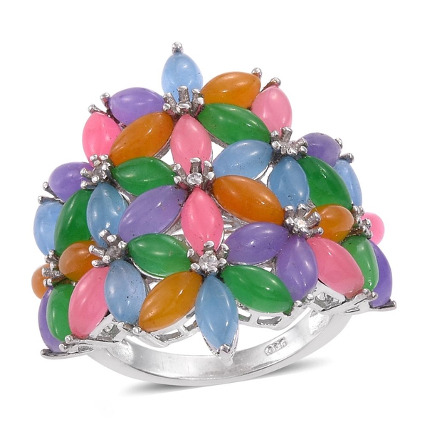 Green, Purple, Blue, Yellow, Pink Jade (Mrq), Natural Cambodian Zircon Floral Ring in Platinum Overl