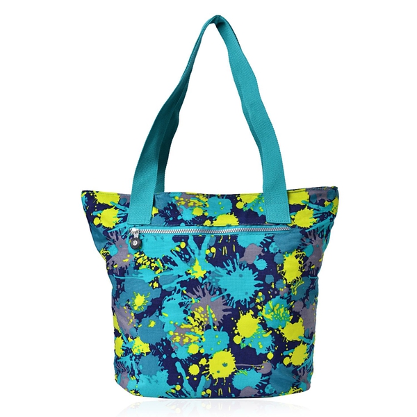 Designer Inspired Turquoise and Multi Colour Printed Hand Bag With External Pocket (Size 40x30x11 Cm)