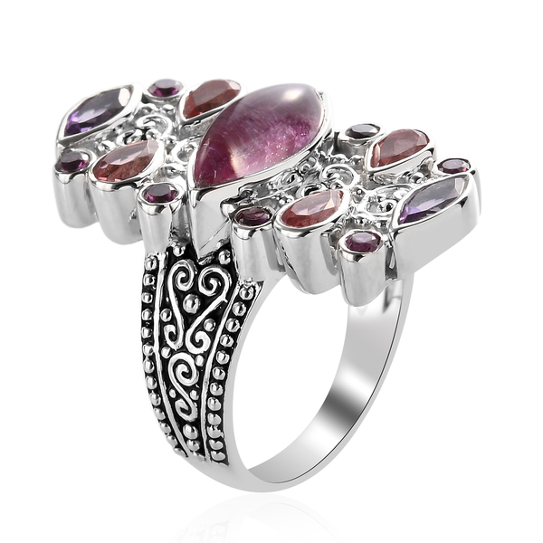 Sajen Silver Cultural Flair Collection - Rhodolite Garnet, Ruby Zoisite, Amethyst & Doublet Quartz Enamelled Ring in Platinum Overlay Sterling Silver 4.70 Ct.