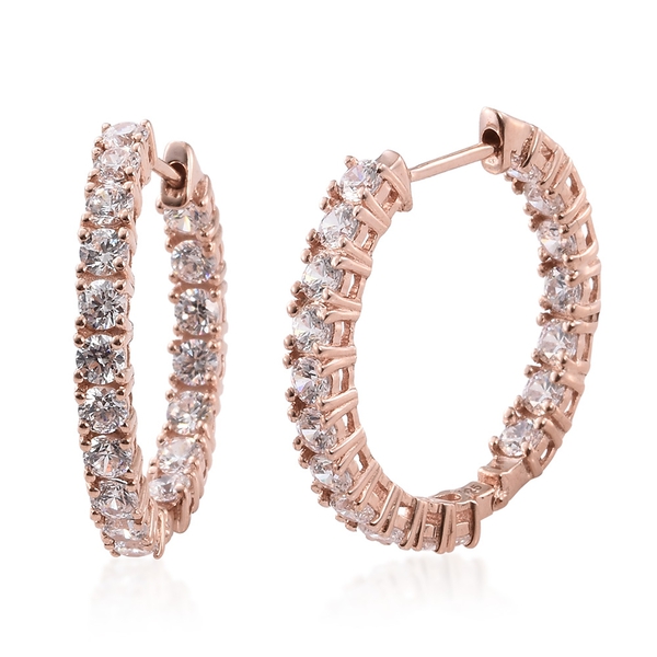 J Francis - Rose Gold Overlay Sterling Silver (Rnd) Hoop Earrings (with Clasp) Made with Finest CZ