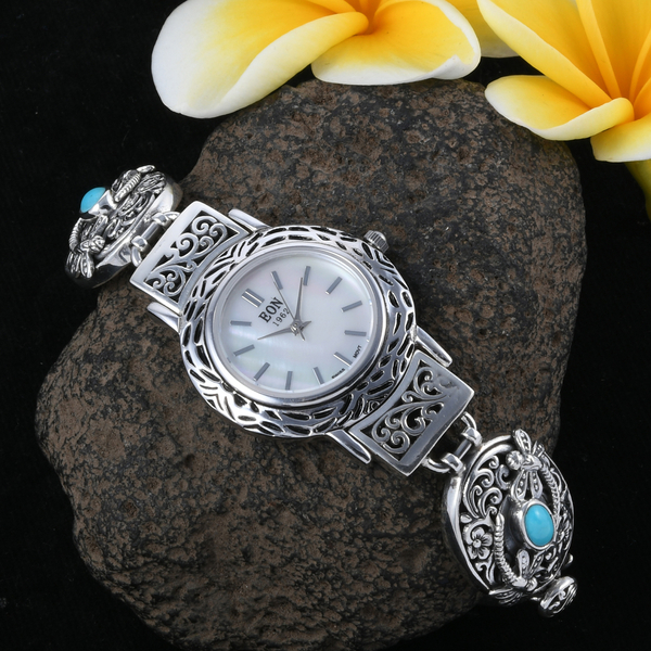 Bali Collection EON 1962 Swiss Movement  3ATM Water Resistant Watch Studded with Sleeping Beauty Mojave Turquoise (2.37 Ct) in Sterling Silver, Silver wt 34 Gms.