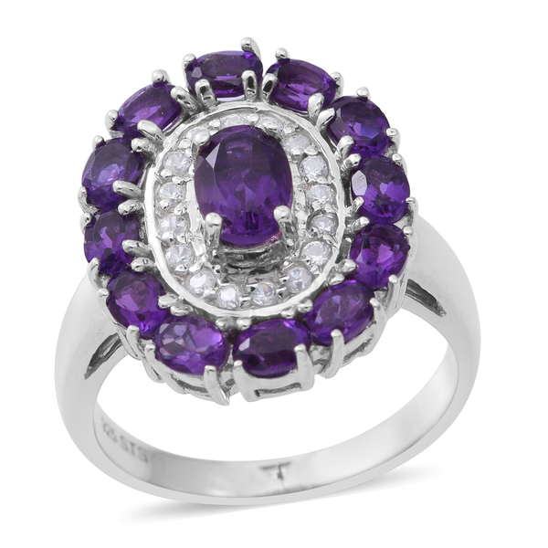 Lusaka Amethyst (Ovl), Natural White Cambodian Zircon Ring in Rhodium Plated Sterling Silver 2.280 C