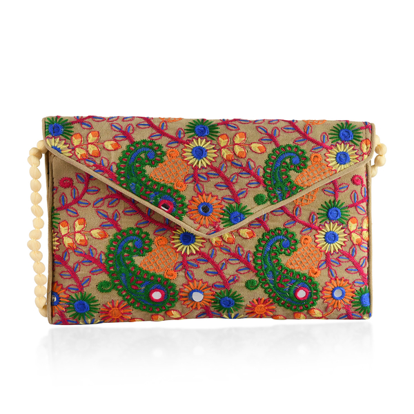 Designer Inspired - Green, Beige and Multi Colour Paisley and Floral Embroidered Envelope Design Vel