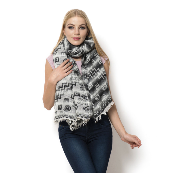 WINTER SPECIAL Mohair, Acro and Cotton Black and White Colour Geometric Pattern Scarf (Size 195x75 C