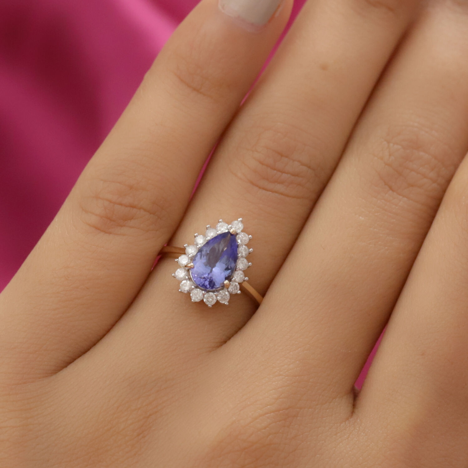 9K Yellow Gold Tanzanite and White Diamond Pear Halo Ring 1.64 Ct.