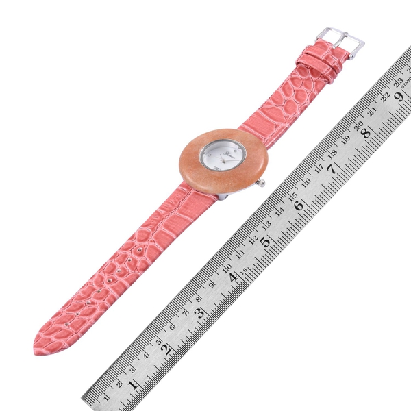 GENOA Japanese Movement Peach Quartzite, White Austrian Crystal Studded Water Resistant Watch with Stainless Steel Back and Rose Red Strap 25.000 Ct.