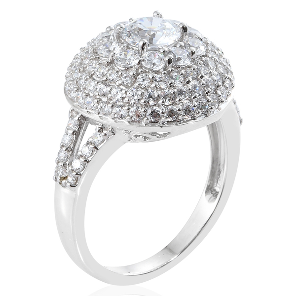 J Francis - Platinum Overlay Sterling Silver (Rnd) Cluster Ring Made with Finest CZ. Silver wt. 5.01 Gms. Number of  109