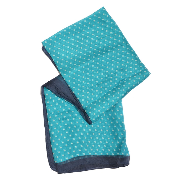 100% Mulberry Silk Blue, White and Navy Colour Handscreen Polka Dots Printed Scarf (Size 175X100 Cm)