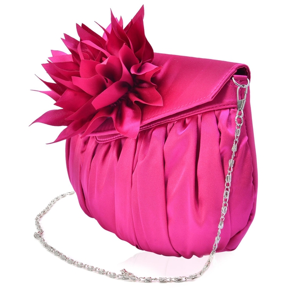 Fuchsia Colour Satin Clutch with Dahlia Flower and Removable Chain Strap (Size 23x15 Cm)