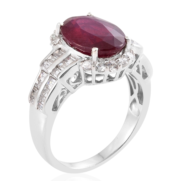 African Ruby (Ovl 8.25 Ct), Natural Cambodian Zircon Ring in Platinum Overlay Sterling Silver Ring 10.250 Ct. Silver wt 5.53 Gms.