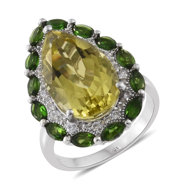 Brazilian Green Gold Quartz (Pear 13.00 Ct), Chrome Diopside and Natural Cambodian Zircon Ring in Pl