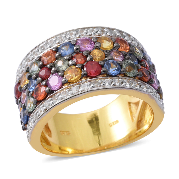 Rainbow Sapphire (Rnd), Natural White Cambodian Zircon Ring in Platinum, Black and Yellow Gold Overl