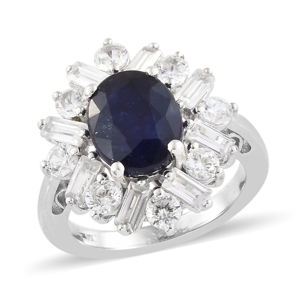 6 Ct Masoala Sapphire and Zircon Halo Ring in Platinum Plated Sterling Silver