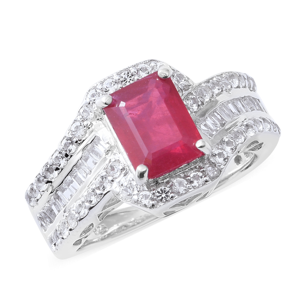 4.42 Ct African Ruby and Zircon Classic Ring in Rhodium Plated Silver 6.17 Grams