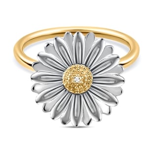 Diamond Floral Ring in Platinum and Yellow Gold Overlay Sterling Silver