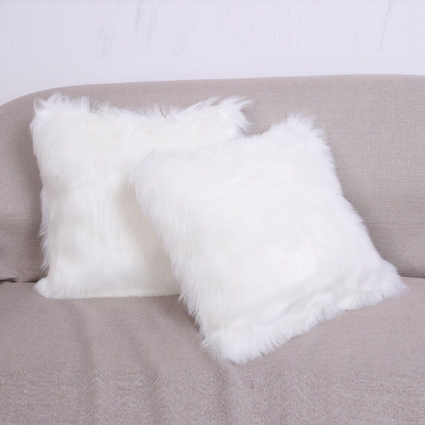 3 Piece Set - Long Pile Faux Fur Rug (100x180cm) with 2 Sofa Cushion Covers (43x43cm-2Pcs) - White