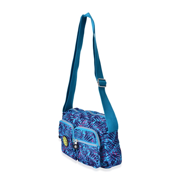 Designer Inspired Blue and Pink Colour Leaves Pattern Blue Colour Handbag with External Zipper Pocket and Adjustable Shoulder Strap (Size 25x18x8 Cm)